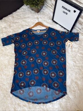 LULAROE Irma Small Blue Printed Short Sleeve Tunic Top